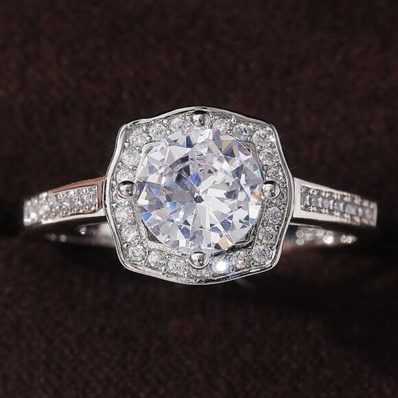 🌸Engagement Hollow Anillos Sparkling Round CZ Dainty Silver Rings, L133 - Picture 2 of 7